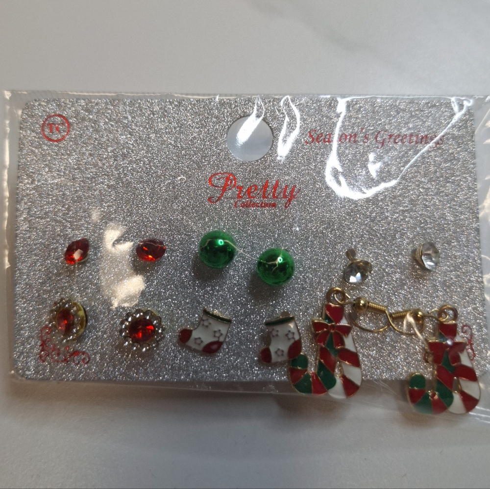 Pretty Collection Enamel Christmas Earring Set 6 Pack Candy Cane Dangle & Studs